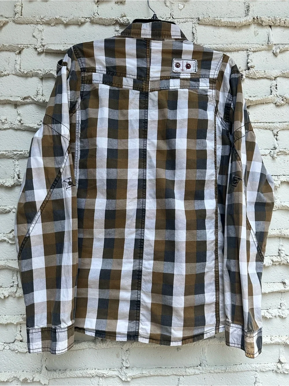 FUSAI Jeans Mens Large Plaid Utility Snap Shirt, Moto Grunge  Y2K Heavy Cotton L
